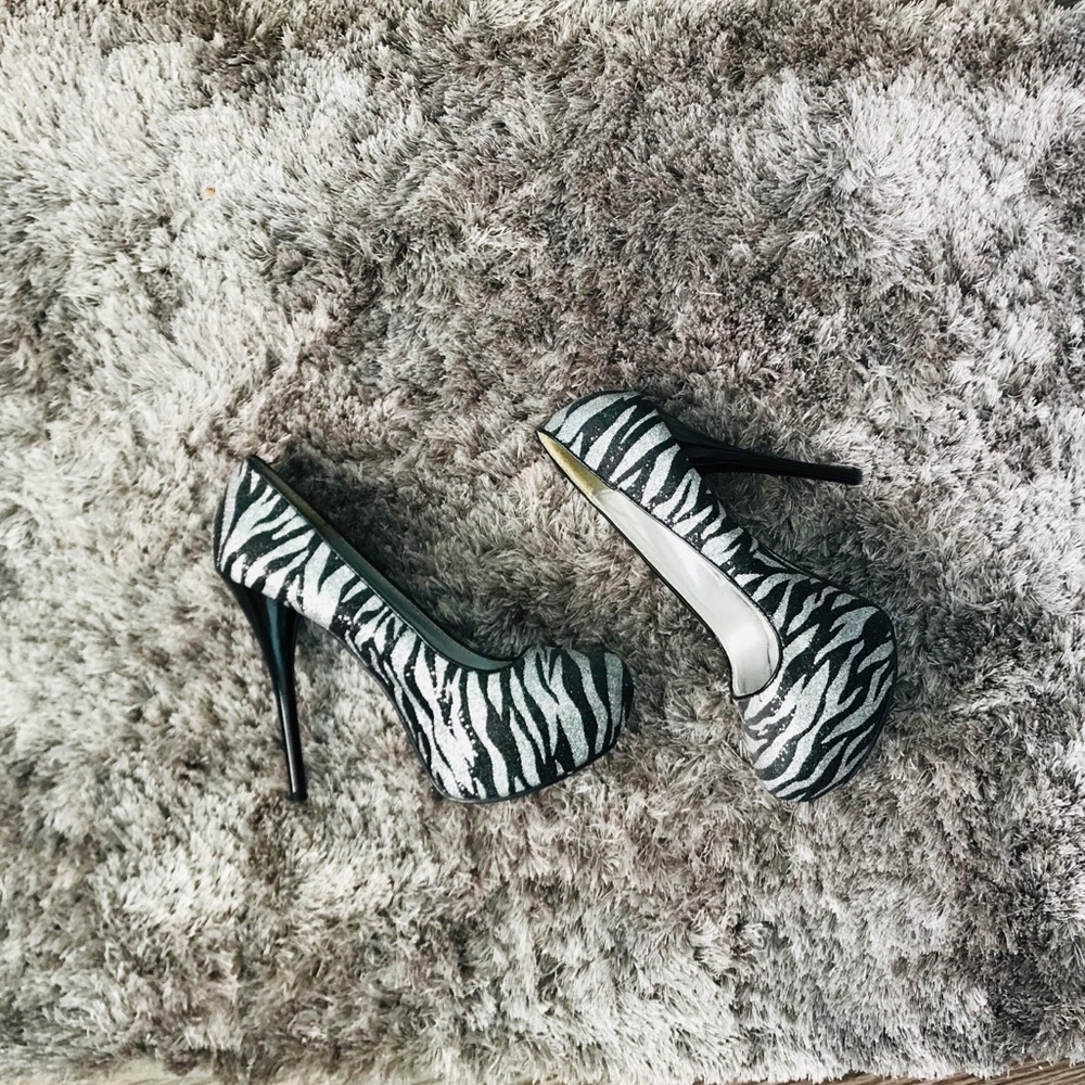 Black and silver zebra print platform heels